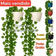 PAR de Vaso plastico cerâmico + 4 Planta Pendurada Verde Artificial Bambu Parede Varanda