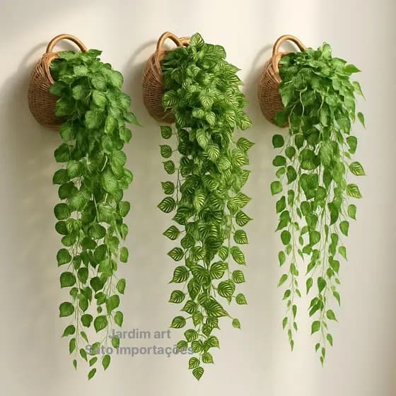 Planta Decorativa + Vaso Trançado Marrom 3 Pendentes Artificial Folhas de HERA JIBOIA MELANCIA