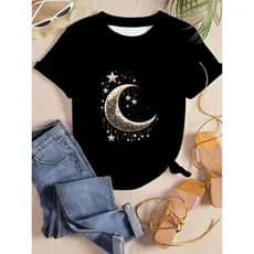 Camiseta blusa T-Shirt Feminina 100% Algodão Lua e EStrelas material de algodão casual e confortável