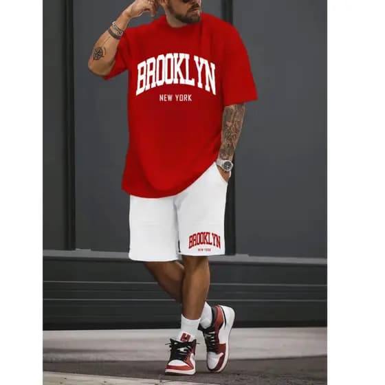 Kit Camisa e Short Tactel Masculino Brooklyn Moderno Casual Estiloso Tendencia Confortavel Verão