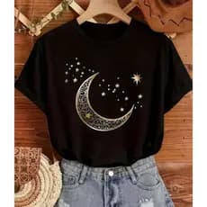 Blusa T-shirt Camisa Feminina 100% Algodão Camiseta Lua Estrelado Luxo e Elegância