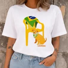 Camiseta Premium em Algodão Camisa Feminina Brasil Cachorro Caramelo Patriota T-shirt Algodão copa