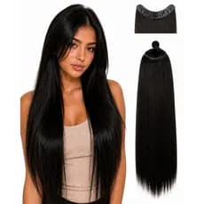 Extensão de Cabelo Preto em Fibra Orgânica Wig Liso Com Aplique Tic Tac Volume Cheio Idêntico Humano