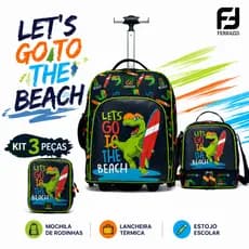 Ferrazzi Mochila Infantil com Rodinhas + Lancheira + Estojo Para Escola Viagem Dinossauro