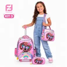 Ferrazzi Mochila Infantil de Rodinhas com Lancheira Estojo Kit Escolar Bolsa Menina Rosa