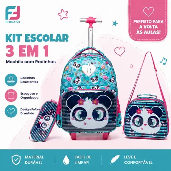 Ferrazzi Mochila Escolar Infantil Rodinhas com Lancheira Estojo 3 em 1 Kit Bolsa Panda