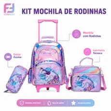Ferrazzi Kit 3 Mochila de Rodinhas + Lancheira Térmica e Estojo Unicornio Infantil para Escolar