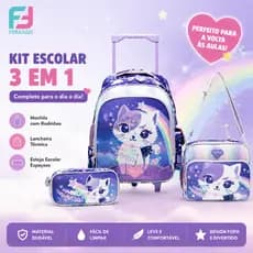 Ferrazzi Mochila Infantil com Rodinhas + Lancheira e Estojo Kit 3 em 1 Meninas Roxo Mochila Escolar