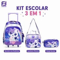 Ferrazzi Mochila Escolar Infantil com Rodinhas Lancheira Térmica Estojo Roxo Gatinha para Crianças