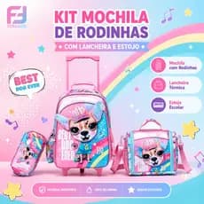 Ferrazzi Kit Mochila de Rodinhas Escolar Com Lancheira Térmica + Estojo Infantil Cachorrinho Rosa