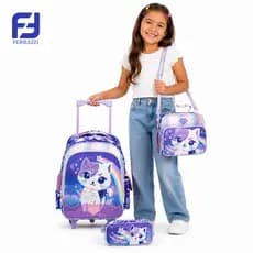 Ferrazzi Kit Escolar Infantil 3 em 1 Mochila com Rodinhas + Lancheira Térmica + Estojo Roxo Meninas