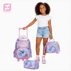 Ferrazzi Kit Mochila Escolar com Rodinhas + Lancheira Térmica + Estojo 3 Peças Menina Unicórnio