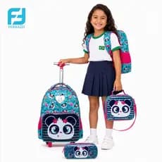 Ferrazzi Mochila Escolar com Rodinhas Lancheira Térmica e Estojo Kit 3 Peças Panda Para Menina