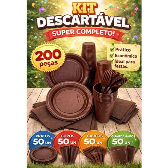 Kit Festa Completo 200 Peças Coloridas – Descartáveis Aniversário Eventos Brasil Copa Arraia