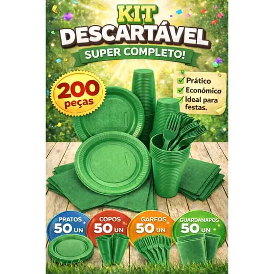Kit Festa Completo 200 Peças Coloridas – Descartáveis Aniversário Eventos Brasil Copa Artigos