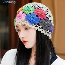 Chapéu De Malha Oco Flor De Caminhada , Gorro De Crochê Colorido , Pulôver Estilo Étnico De Lã Feito À Mão