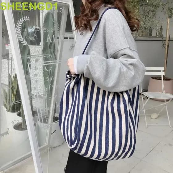 SHEENGD1 Bolsa Listrada , De Ombro Multifuncional De Lona De Grande Capacidade Compras Quadrada Estilo Coreano