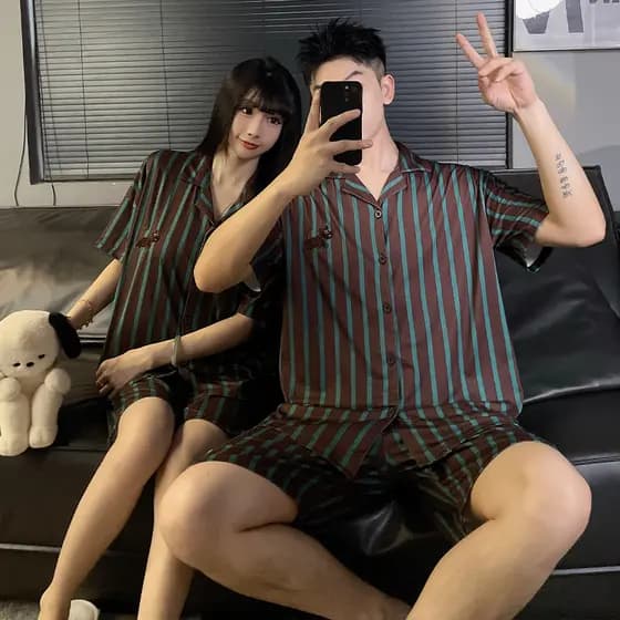 Algodão Como Casal Conjunto De Pijama Feminino Verão Manga Curta Shorts Masculino Casa Pijamas