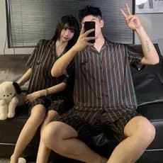 Algodão Como Casal Conjunto De Pijama Feminino Verão Manga Curta Shorts Masculino Casa Pijamas