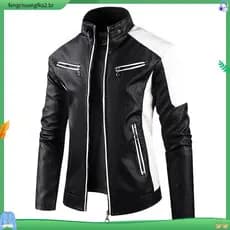 Jaqueta de Couro Casual Masculina para Motocicleta em Patchwork com Gola Retro Quente