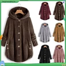 Plus size Casaco feminino sobretudo de inverno/ de frio teddy de lã com capuz quente de pelúcia cor sólida cardigan P5XG