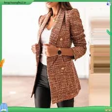 Blazer social feminino alfaiataria slim casual xadrez estampado de peito duplo para outono/inverno/primavera P-3XG