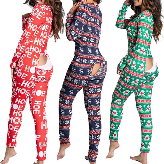 Pijama Adulto de Outono/Inverno 2025 para Comércio Exterior, com Botões e Aba, Estampa Natalina, Manga Longa, Roupa de C