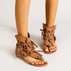 Sandálias Gladiador Femininas Plus Size de Verão, Estilo Retrô com Franjas, Design Vazado, Bico Aberto, Sapatilhas Plana
