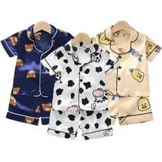 Conjunto de Pijama de Seda para Bebês Meninos e Meninas, Roupas de Dormir Infantis, Pijama de Cetim com Estampa de Desen