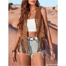 Colete feminino de camurça sintética com franjas, estilo casual, sem mangas, com abertura frontal, jaqueta estilo hippie
