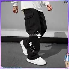 Calça Reta Masculino Estampa de Cruz Streetwear Casual