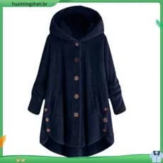 Plus size Casaco feminino sobretudo de inverno/ de frio teddy de lã com capuz quente de pelúcia cor sólida cardigan P5XG