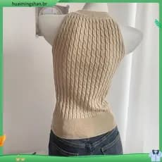 Colete De Malha Cáqui Torcido Sem Mangas Com Gola Halter Feminino E # 39 ; s Verão 2025 Top Elegante