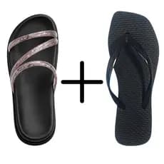 Kit 2 Pares Chinelo Feminino Bico Quadrado Macio + Papete Feminina Leve Confortável Tiras Com Glitter