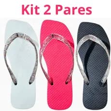 Kit 2 Pares Chinelo Bico Quadrado Sandália Com Tiras Glitter
