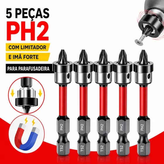 Kit 5 Bits Philips Ph2 Para Parafusadeira Com Limitador E Magnético - Acessórios De Parafusadeira