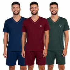Kit Pijama Masculino Adulto Meia Manga Curta Camiseta e Short Liso Verão