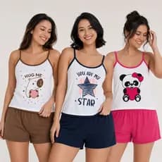 Kit 3 Pijamas Femininos Adulto Short Doll Alça Estampas Sortidas Confortável