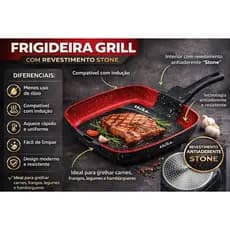 Frigideira Grill Quadrada 24cm Antiaderente Indução Stone Red Point Cabo Resistente