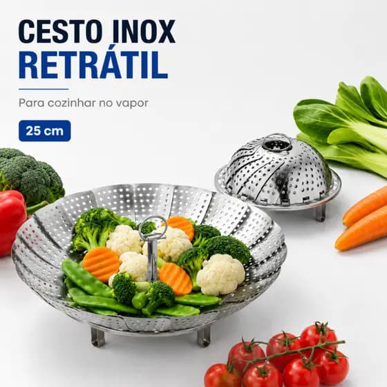 Cesto Cozimento Vapor Inox Retrátil 25cm Aço Inoxidável Abre e Fecha Universal para Panelas Médias