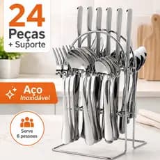 Faqueiro Inox 24 Peças Com Suporte Organizador Prata Jogo De Talheres Aço Inoxidável Mesa Posta