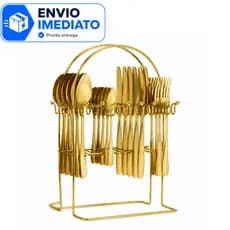Faqueiro Dourado Mesa Posta 24 Peças Aço Inox 2W Com Suporte Organizador Para 6 Pessoas