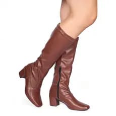 Bota Feminina Over Bico Quadrado Salto Médio Cano Alto Moda Atual Blogueira Inverno Confortável