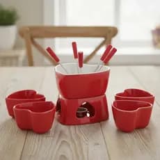 Kit Fondue 10 Peças de Cerâmica 500ml Coração para Chocolate e Queijo Conjunto Completo
