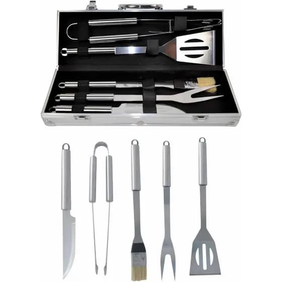 Kit Churrasco Completo com Maleta Inox 5 Peças Faca Garfo Pegador Espátula Utensílios Churrasco