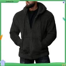 Casaco Teddy Peludo Masculina Com Capuz e Zíper Cor Lisa Jaqueta de Frio Outono/Inverno Grosso Quente Manga Longa