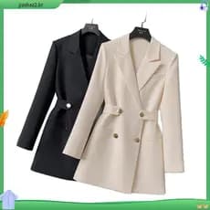 Blazer Longo Reto Duplo Breasted Elegante Feminino