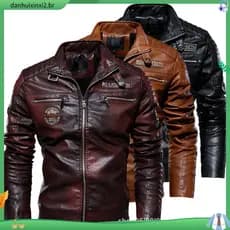 [OSEE] Jaqueta de Couro Masculina PU Couro Estilo Europeu e Americano Jaqueta de Motocicleta com Forro de Fleece Gola Al