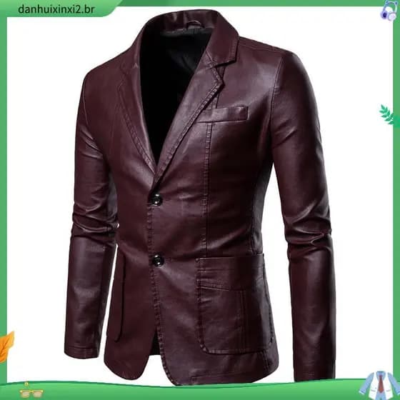Jaqueta Blazer Masculina Plus Size Slim Fit com Bolso, Casaco de Couro Casual de Cor Sólida para Socialidades