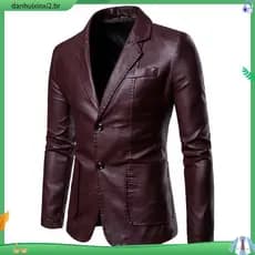 Jaqueta Blazer Masculina Plus Size Slim Fit com Bolso, Casaco de Couro Casual de Cor Sólida para Socialidades